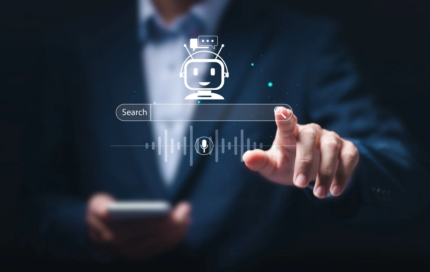 A businessperson touching a search bar overlaid with an AI assistant icon.