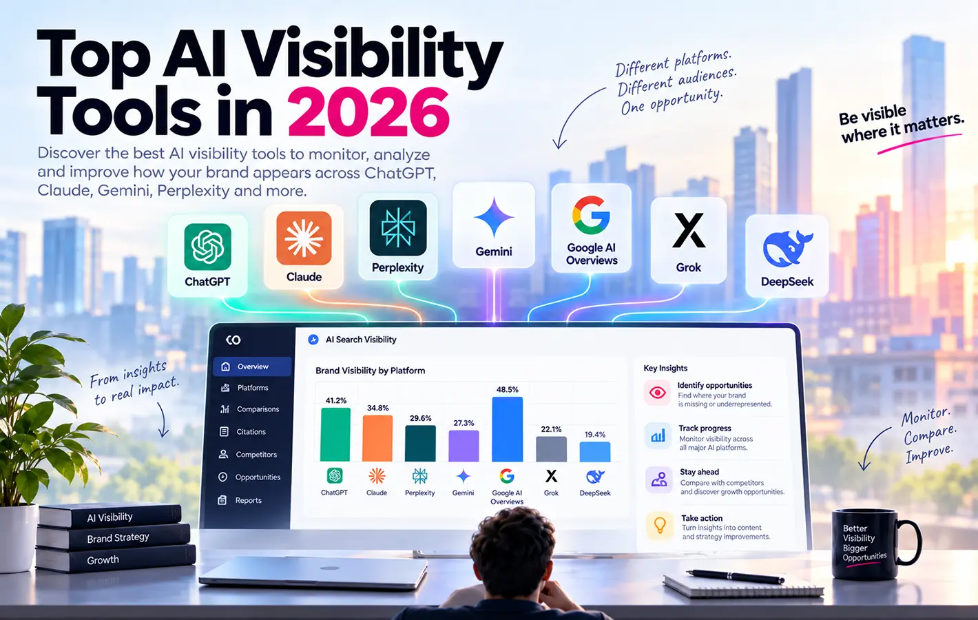 ChatGPT, Claude, Perplexity, Gemini, Google AI Overviews, Grok ve DeepSeek genelinde platform bazında marka görünürlüğünü gösteren; fırsatları belirleme, ilerlemeyi takip etme ve rakipleri karşılaştırmaya yönelik temel içgörüler içeren bir gösterge paneli.