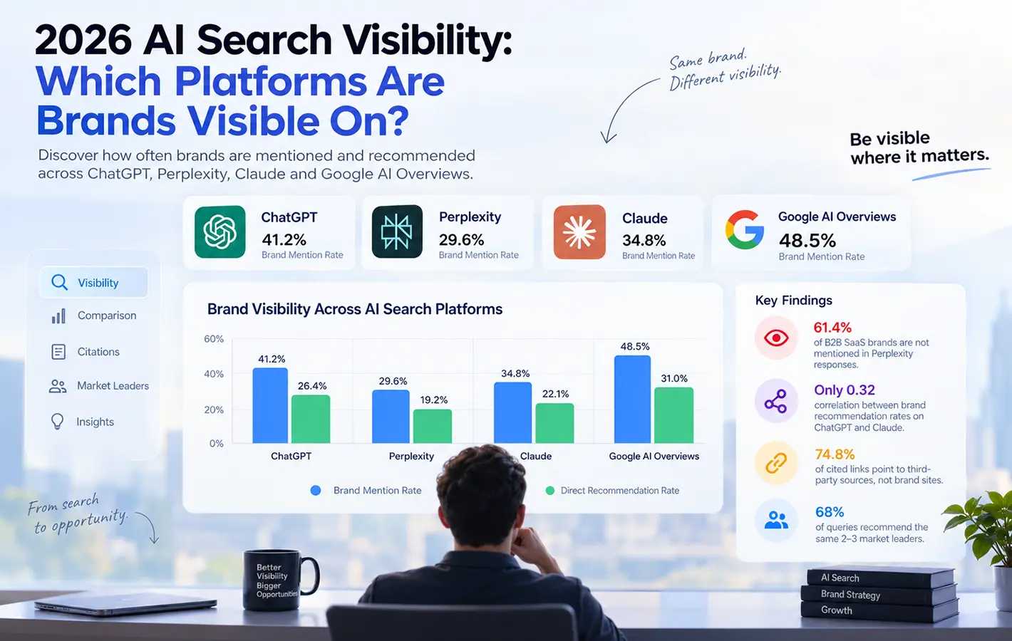A dashboard comparing brand mention and recommendation rates across ChatGPT, Perplexity, Claude, and Google AI Overviews.